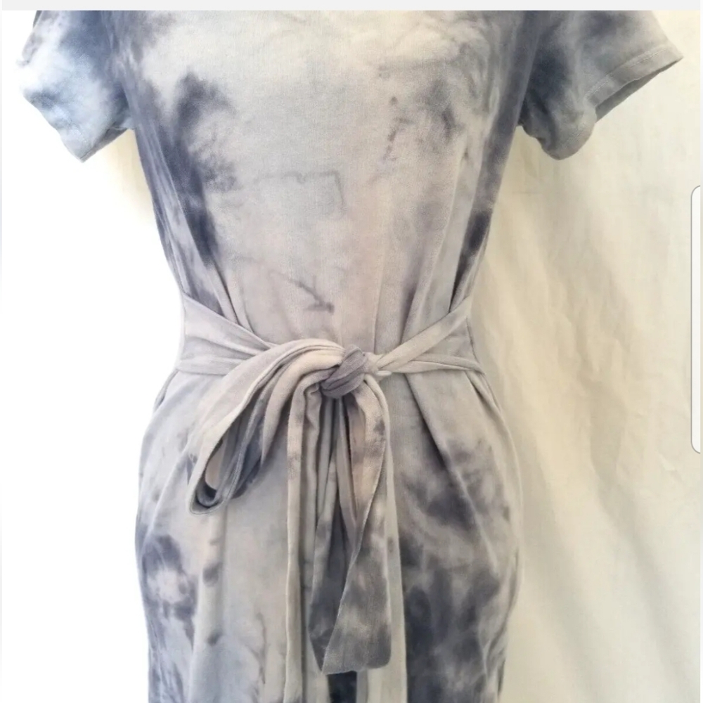 Anthro Lovers + Friends Blue Smoky Tie Dye Mini Dress Small Belted Short Sleeve - Picture 3 of 6